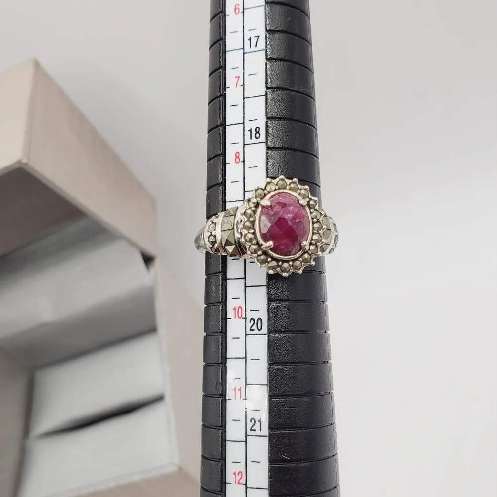 Genuine Checkerboard Cut Oval Ruby & Marcasite 925 Sterling Silver Halo …